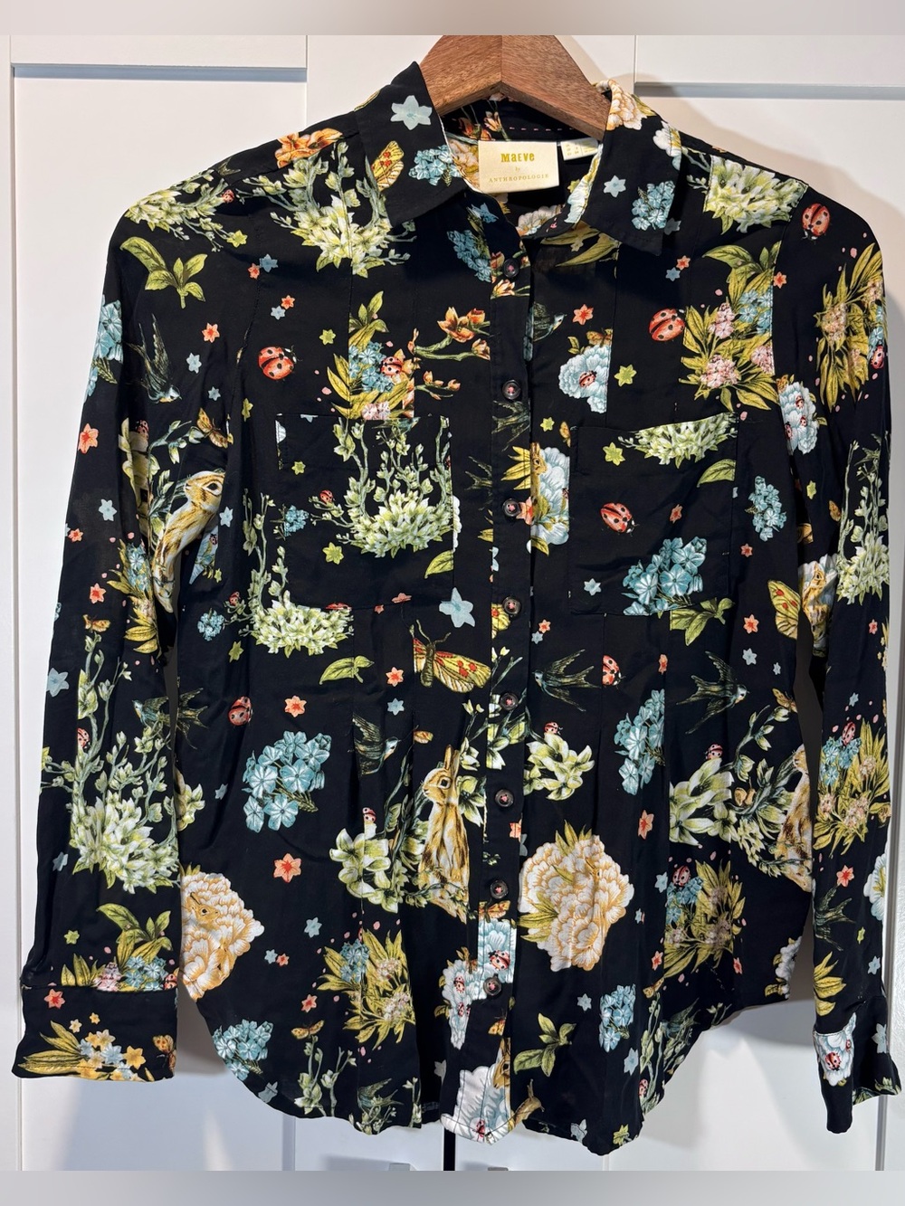 Anthropologie Maeve Black Multi Floral Cottagecore Button Down Blouse Size 2
